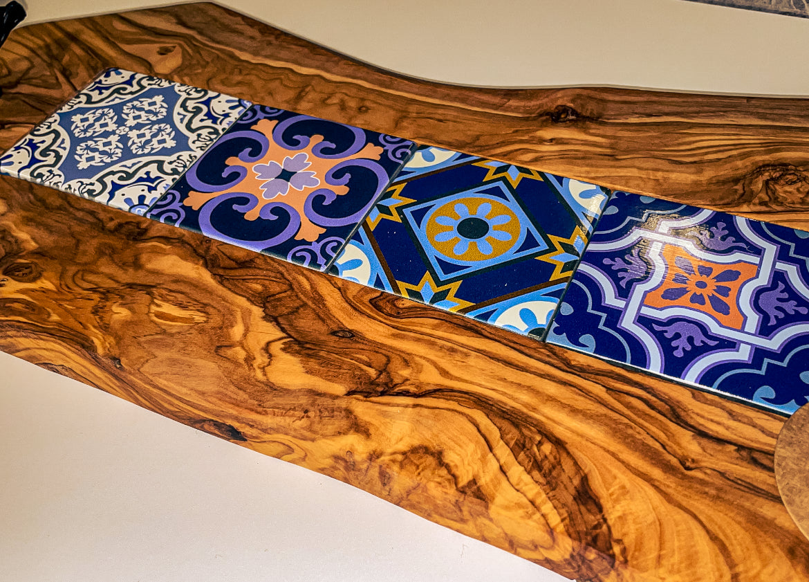 Olive Wood Tray with Black Handles & Glass Tiles (203141)