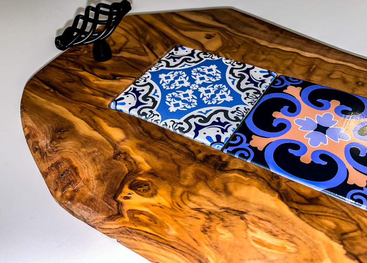 Olive Wood Tray with Black Handles & Glass Tiles (203141)