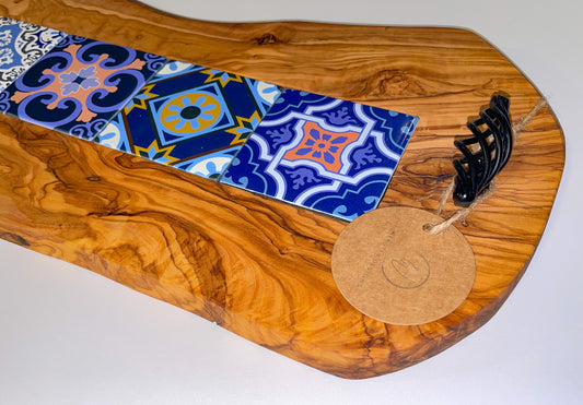 Olive Wood Tray with Black Handles & Glass Tiles (203141)