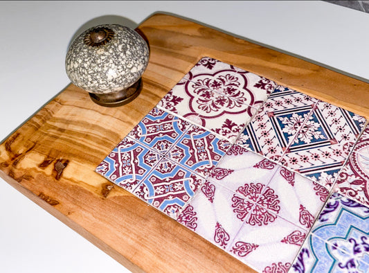 Olive Wood & Mosaic Tray with Vintage Handles (203139)