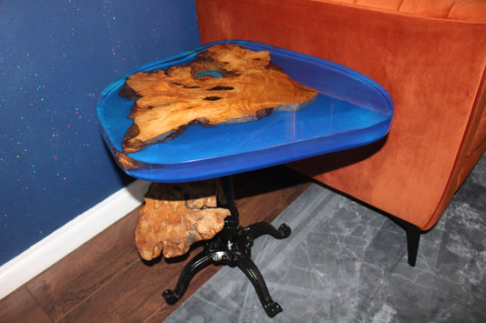 Blue Resin, Cast Iron & Olive Wood Table (203197)