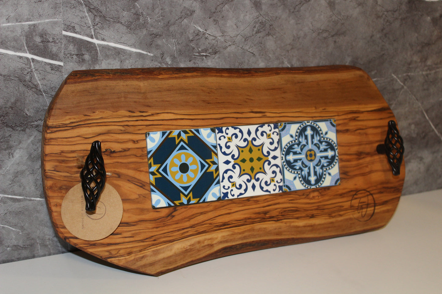 Olive Wood Tray with Black Handles & Glass Tiles (203140)