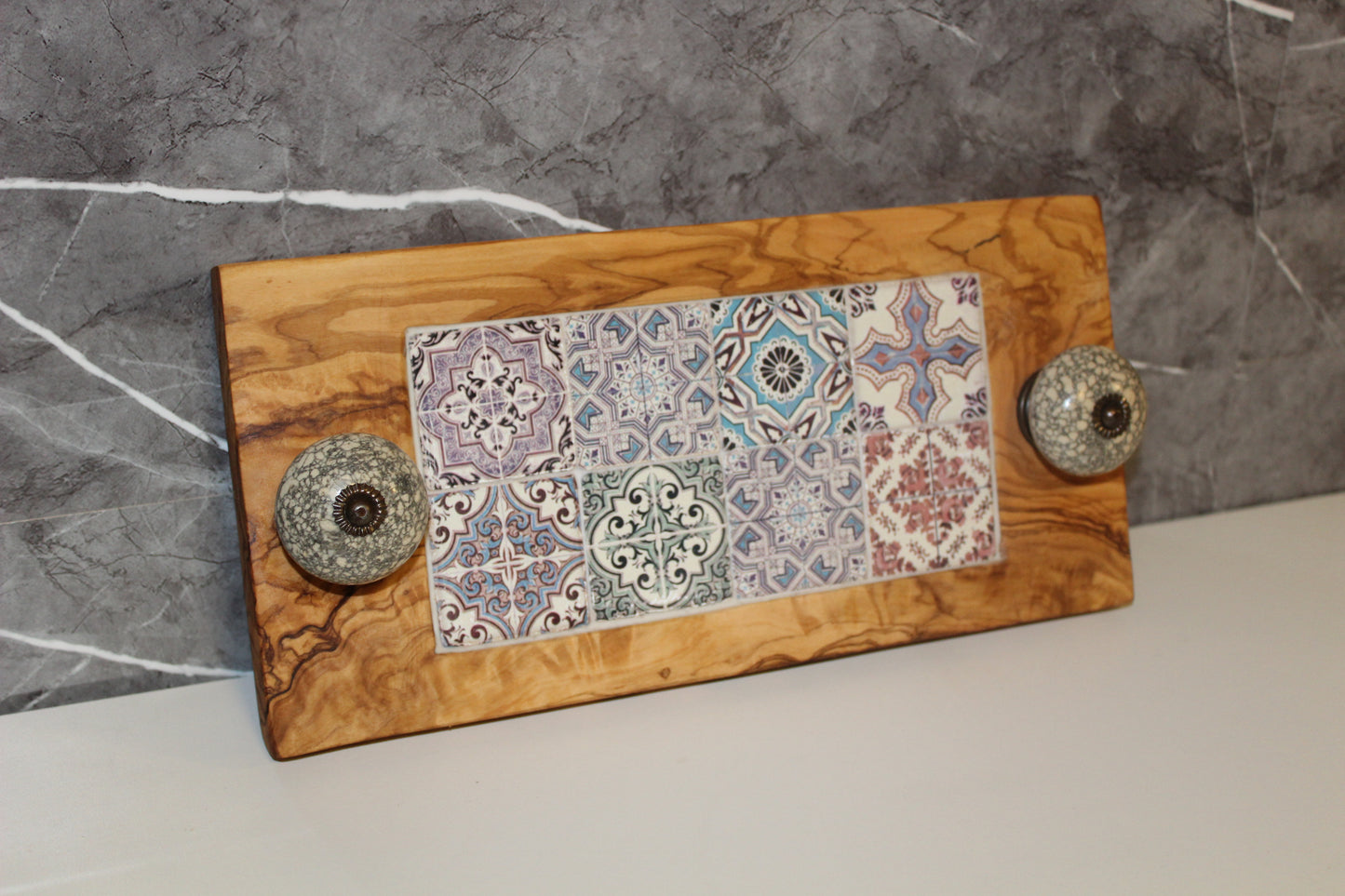 Olive Wood Tray with Mosaic Tiles (203199)