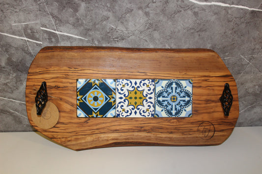 Olive Wood Tray with Black Handles & Glass Tiles (203140)