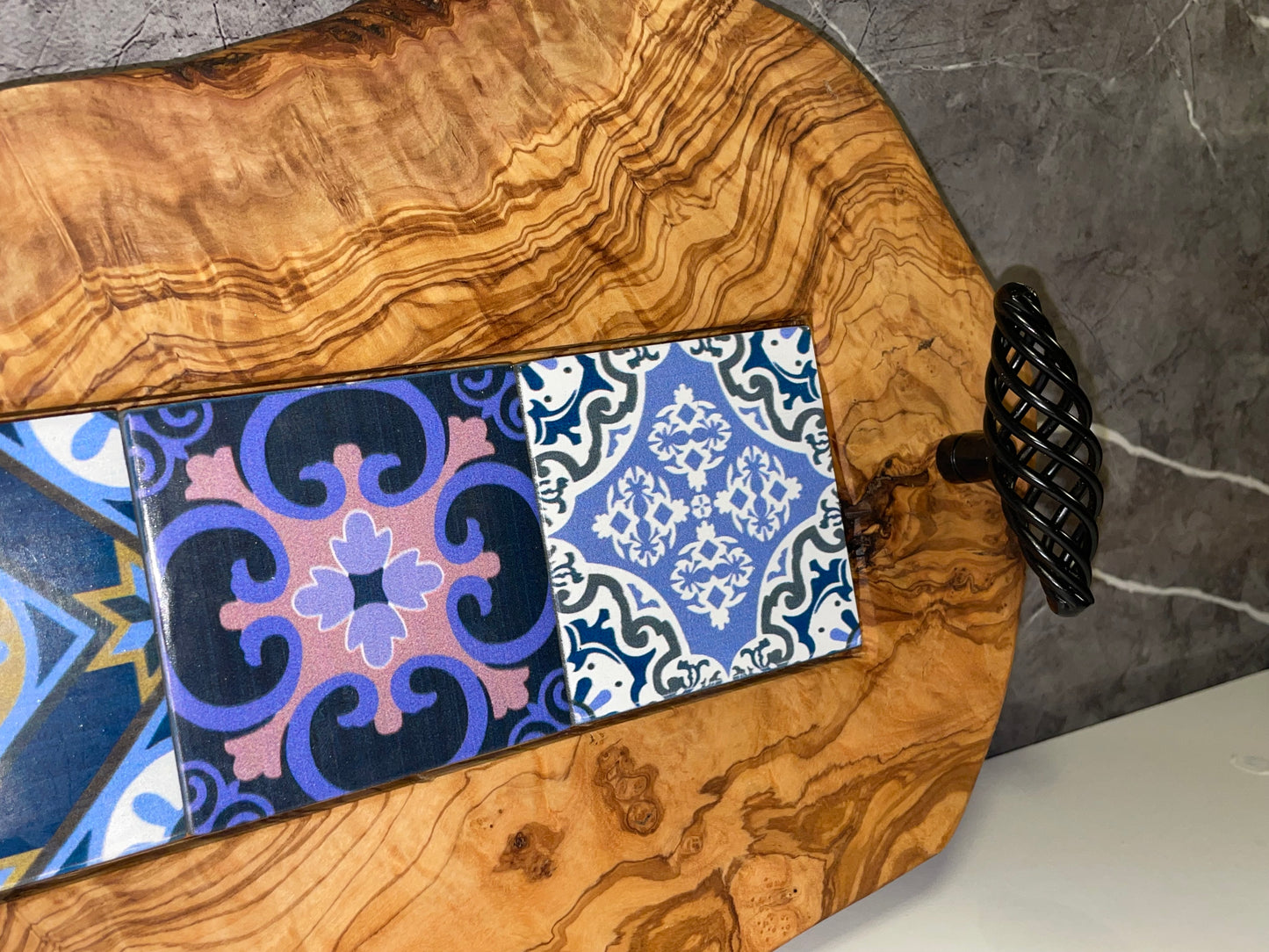 Olive Wood Tray with Black Handles & Glass Tiles (203185)