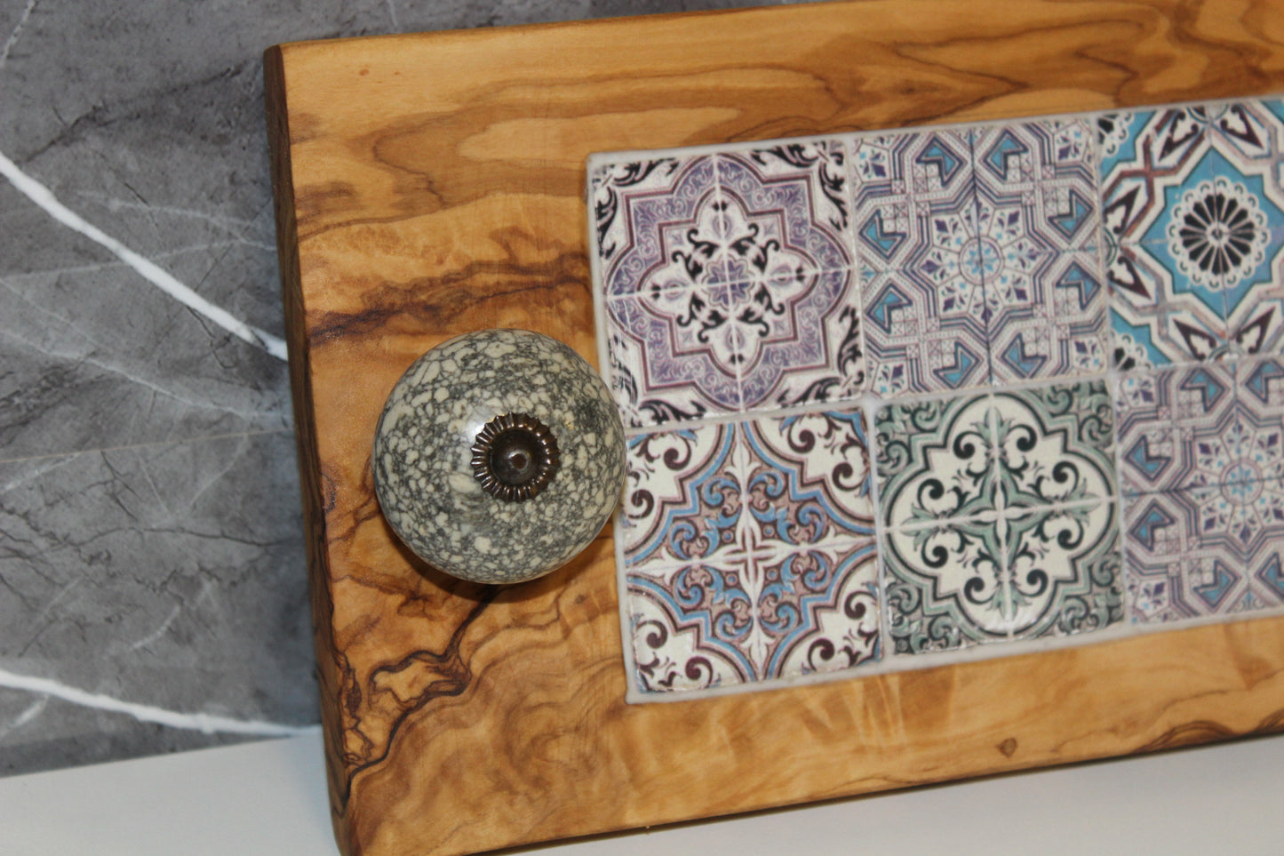 Olive Wood Tray with Mosaic Tiles (203199)