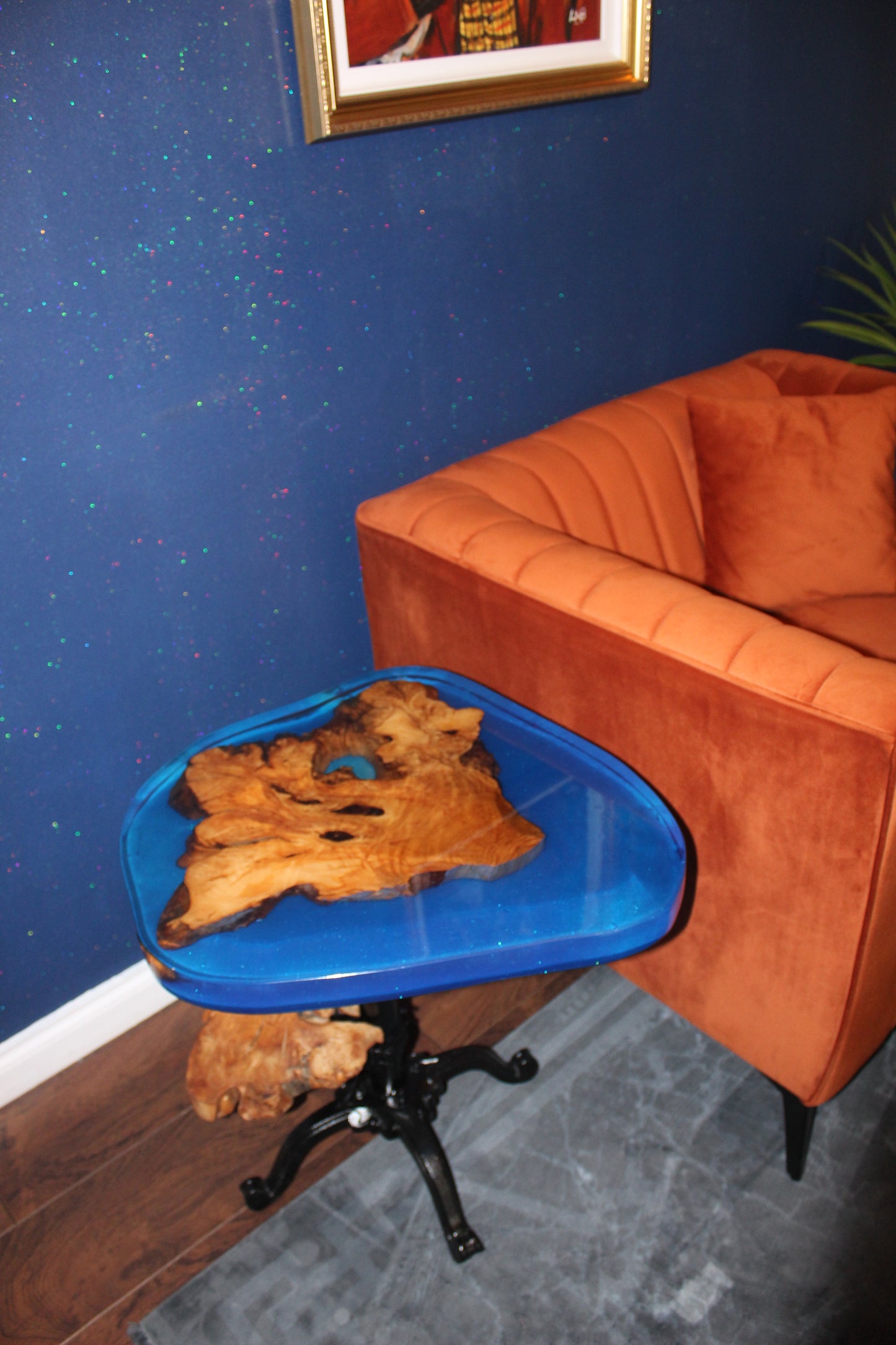 Blue Resin, Cast Iron & Olive Wood Table (203197)