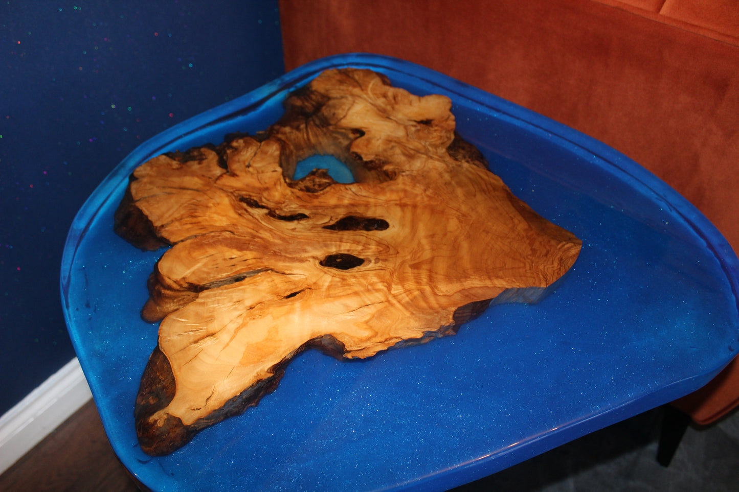 Blue Resin, Cast Iron & Olive Wood Table (203197)