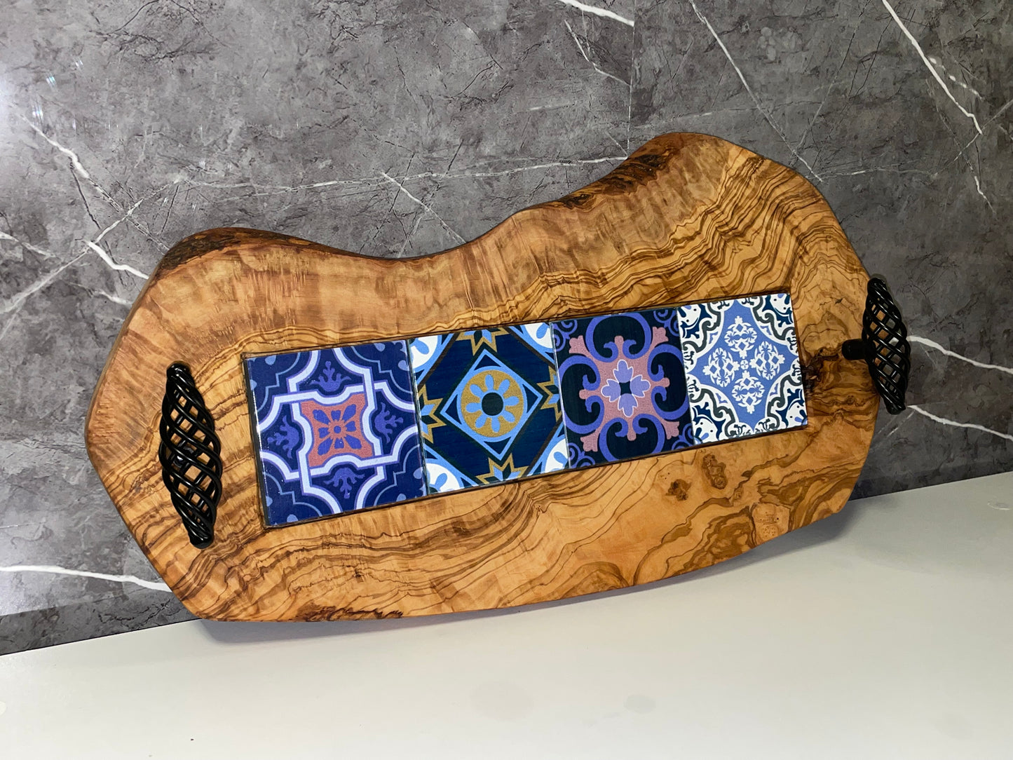 Olive Wood Tray with Black Handles & Glass Tiles (203185)