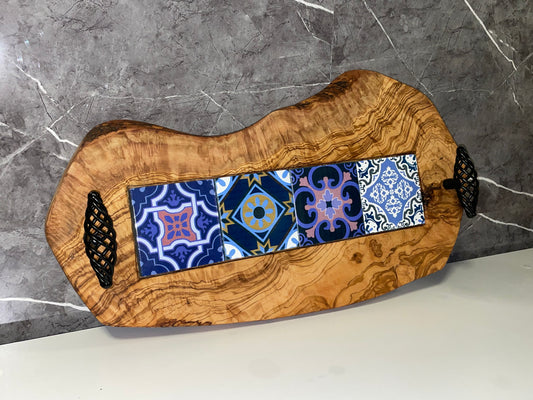Olive Wood Tray with Black Handles & Glass Tiles (203185)