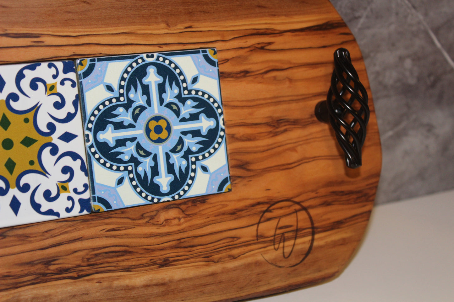 Olive Wood Tray with Black Handles & Glass Tiles (203140)