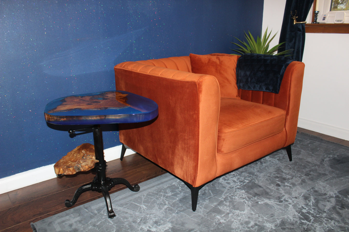 Blue Resin, Cast Iron & Olive Wood Table (203197)