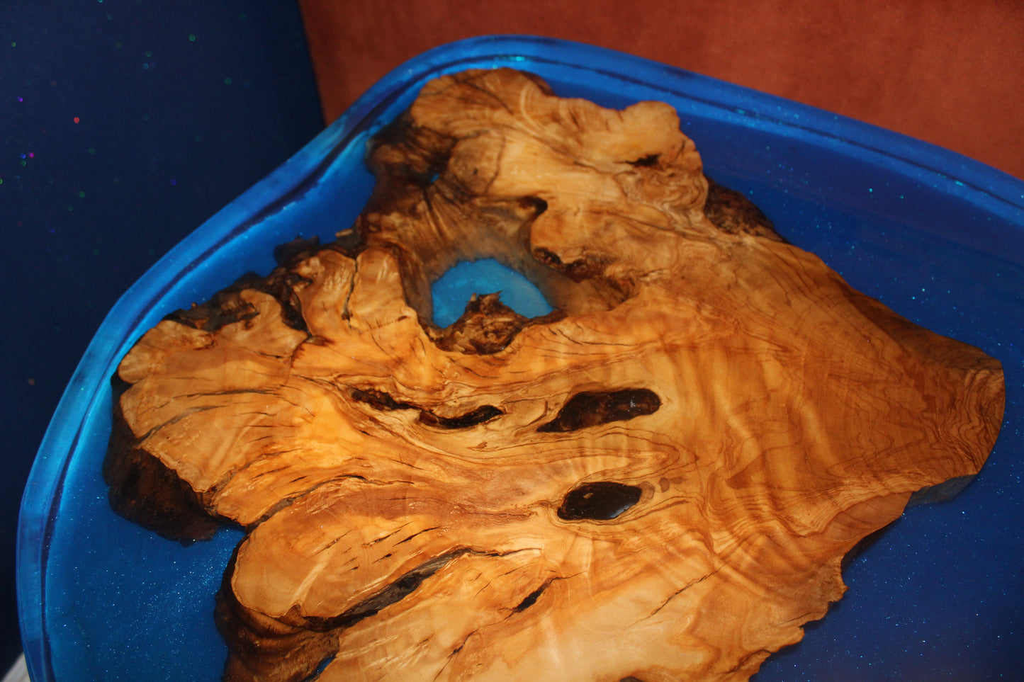 Blue Resin, Cast Iron & Olive Wood Table (203197)