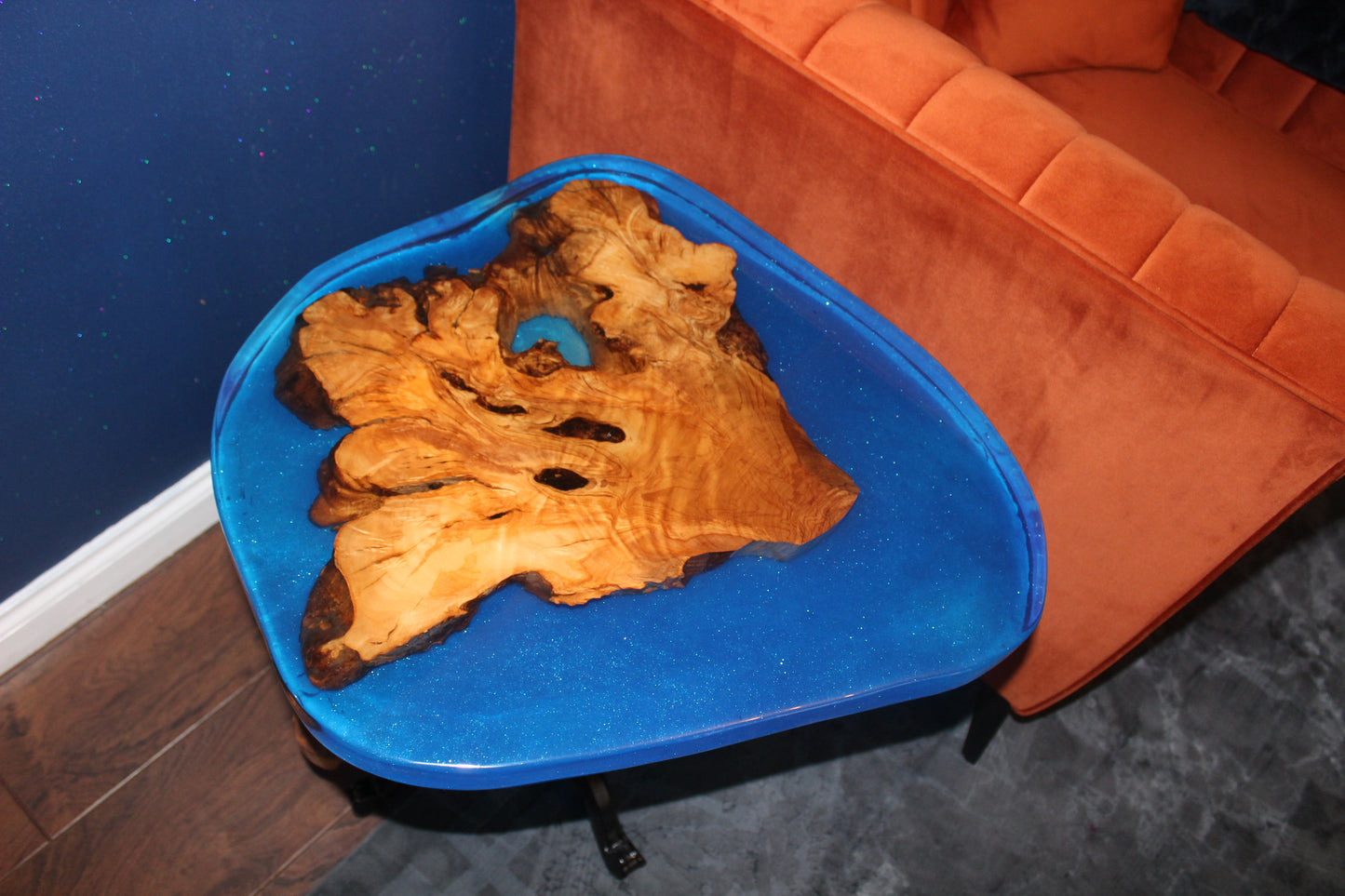 Blue Resin, Cast Iron & Olive Wood Table (203197)