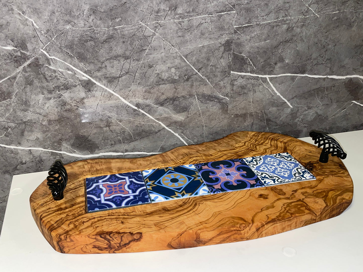 Olive Wood Tray with Black Handles & Glass Tiles (203185)