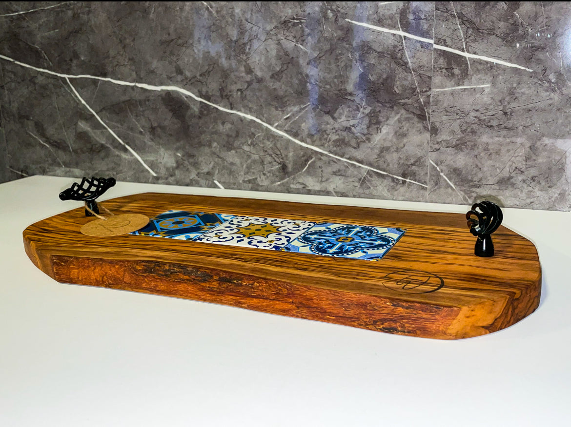 Olive Wood Tray with Black Handles & Glass Tiles (203140)