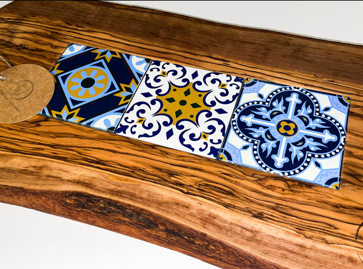 Olive Wood Tray with Black Handles & Glass Tiles (203140)