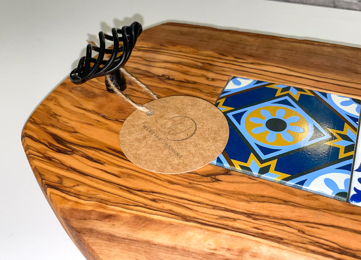 Olive Wood Tray with Black Handles & Glass Tiles (203140)