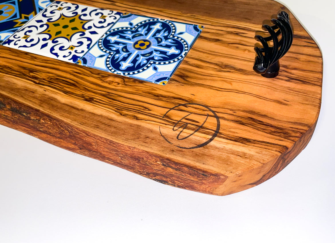 Olive Wood Tray with Black Handles & Glass Tiles (203140)