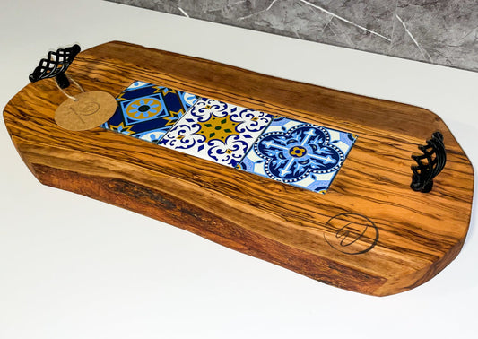 Olive Wood Tray with Black Handles & Glass Tiles (203140)