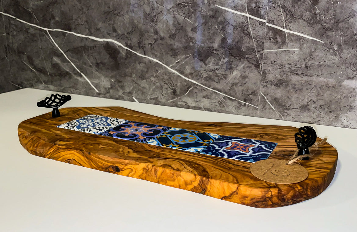 Olive Wood Tray with Black Handles & Glass Tiles (203141)