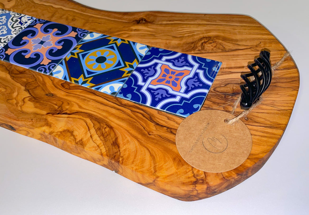 Olive Wood Tray with Black Handles & Glass Tiles (203141)