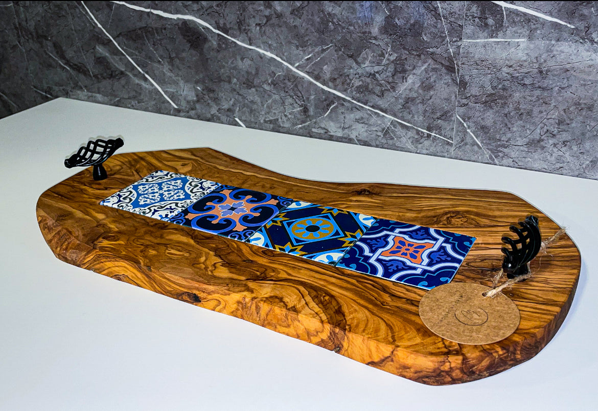Olive Wood Tray with Black Handles & Glass Tiles (203141)