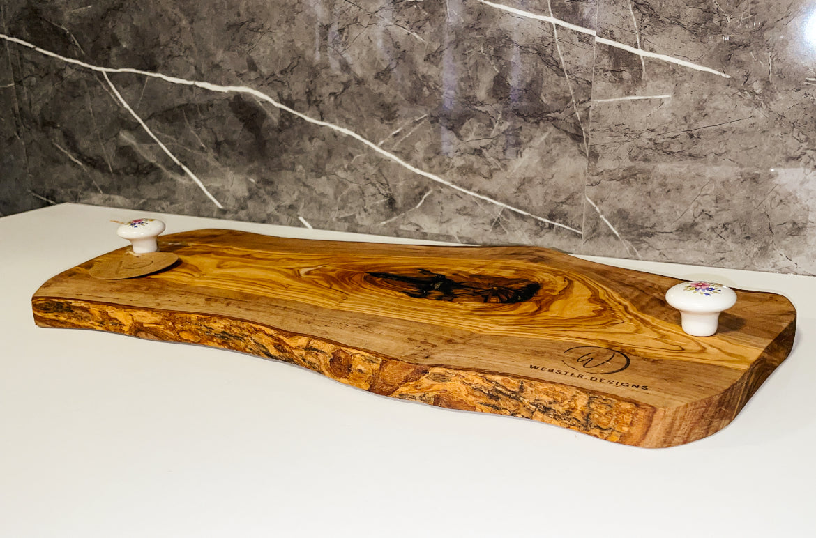 Olive Wood Tray with Floral Handles (203127)