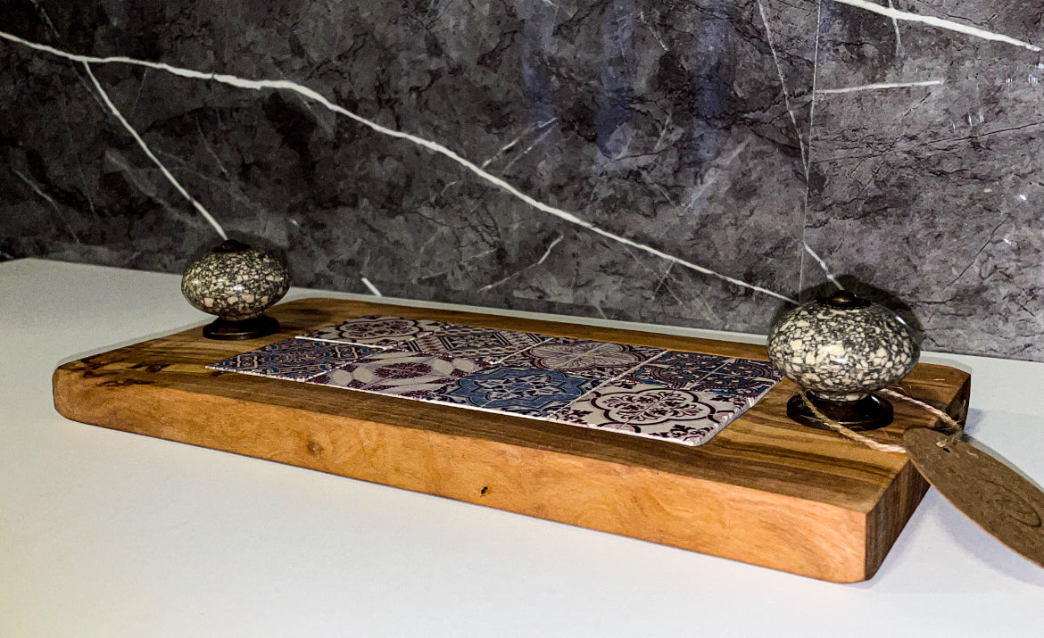 Olive Wood & Mosaic Tray with Vintage Handles (203139)