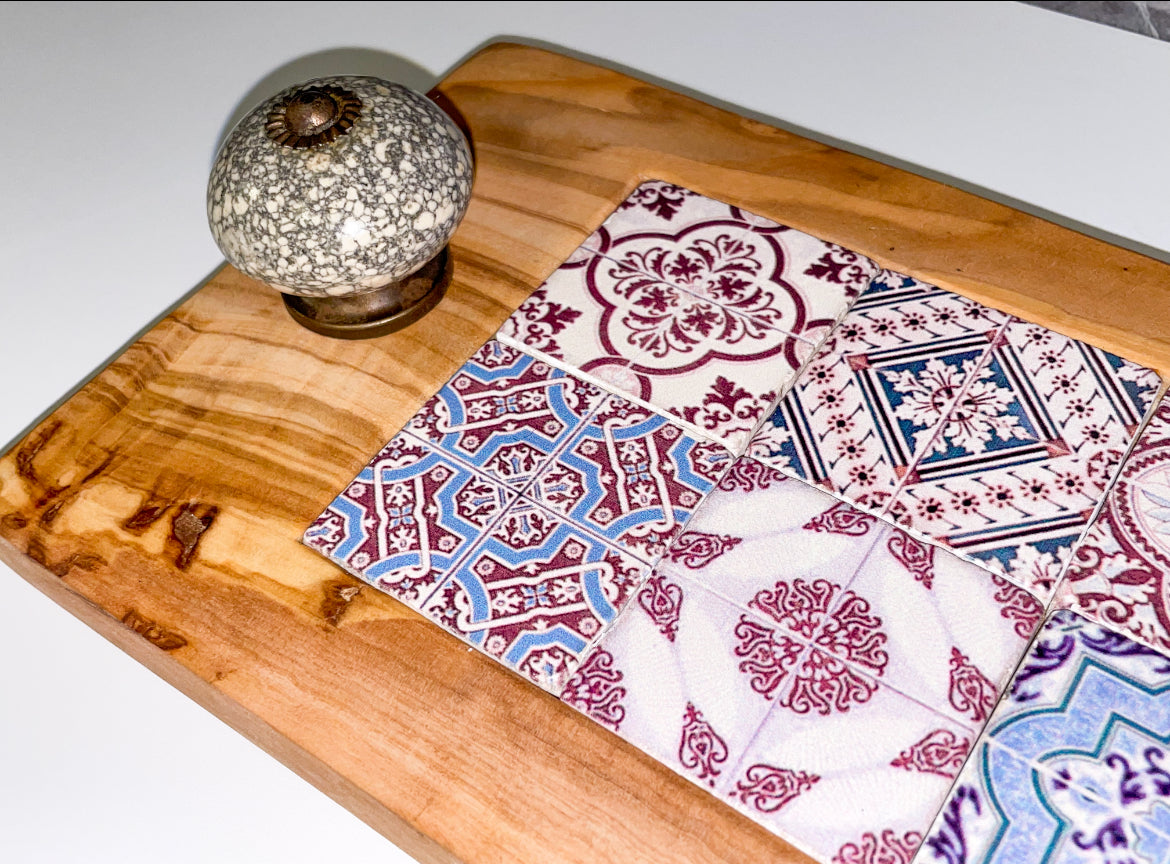 Olive Wood & Mosaic Tray with Vintage Handles (203139)