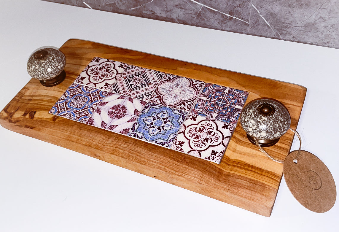 Olive Wood & Mosaic Tray with Vintage Handles (203139)
