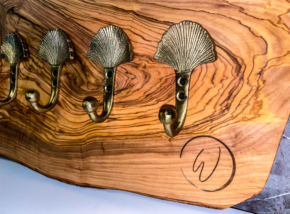 Stunning Olive Wood Board with 5 Shell Coat Hooks (203064)