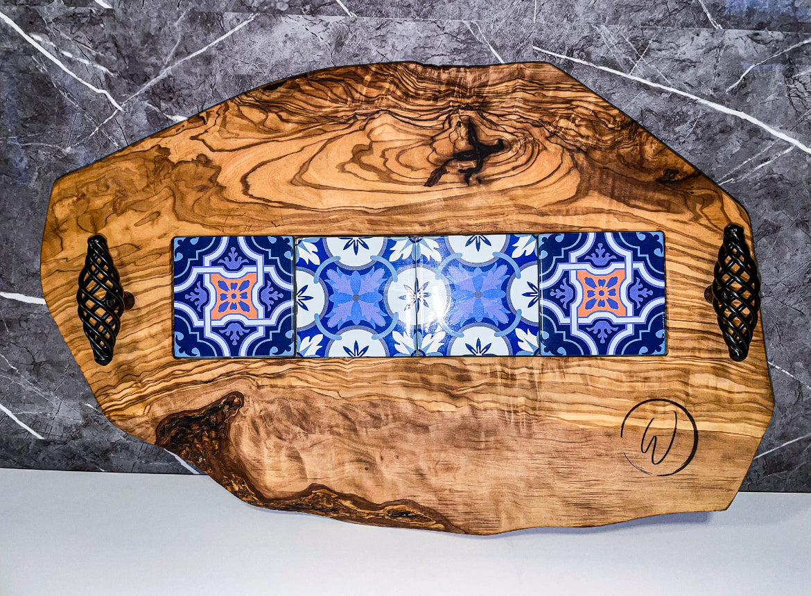 Olive Wood Tray with Black Handles & Glass Tiles (203149)