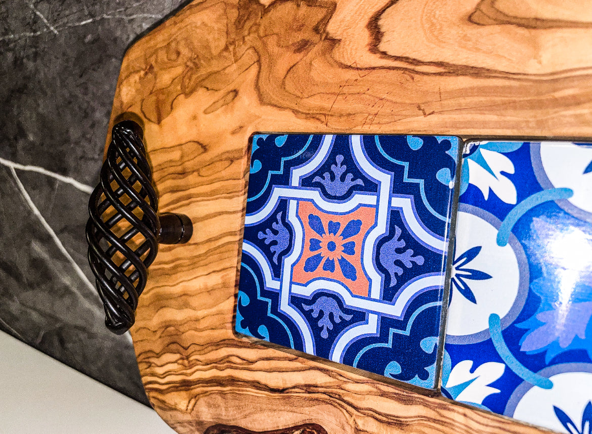 Olive Wood Tray with Black Handles & Glass Tiles (203149)