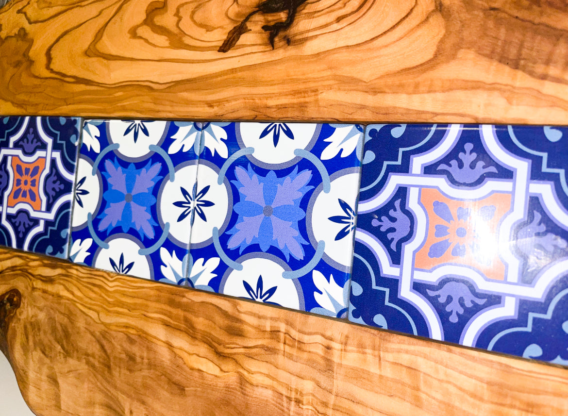 Olive Wood Tray with Black Handles & Glass Tiles (203149)