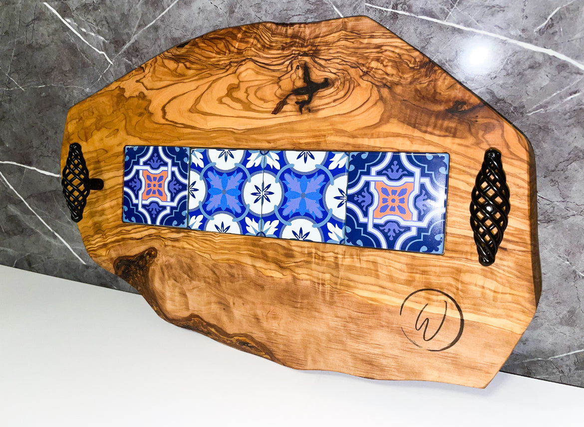 Olive Wood Tray with Black Handles & Glass Tiles (203149)