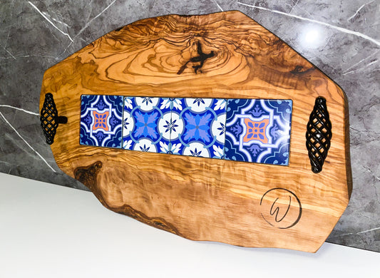 Olive Wood Tray with Black Handles & Glass Tiles (203149)