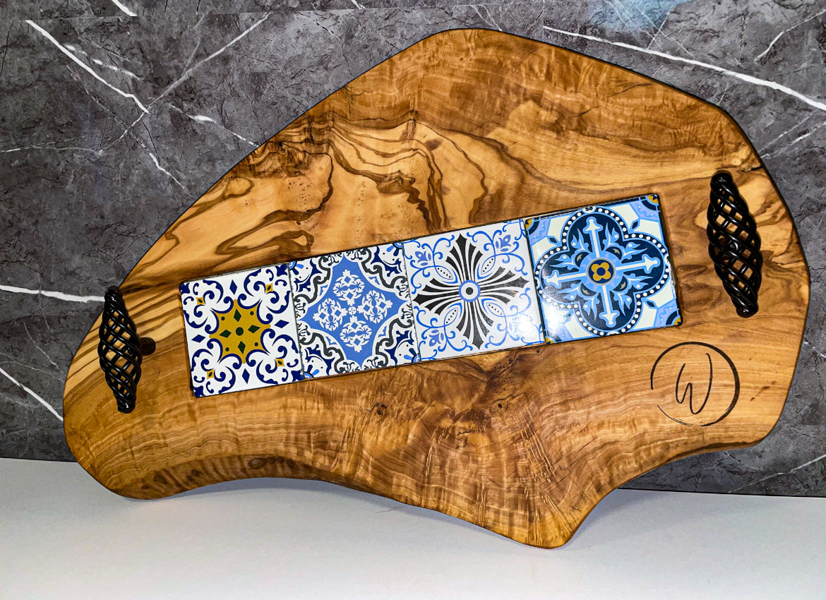Olive Wood Tray with Black Handles & Glass Tiles (203150)