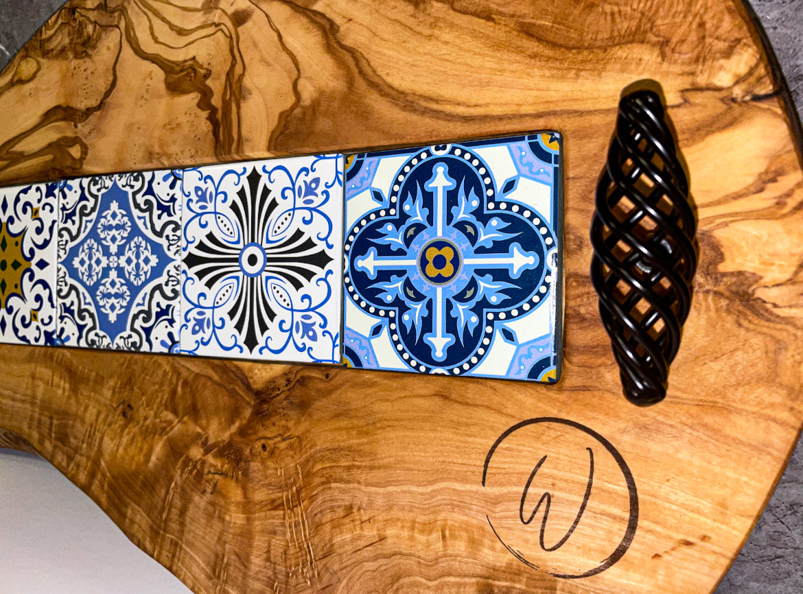 Olive Wood Tray with Black Handles & Glass Tiles (203150)