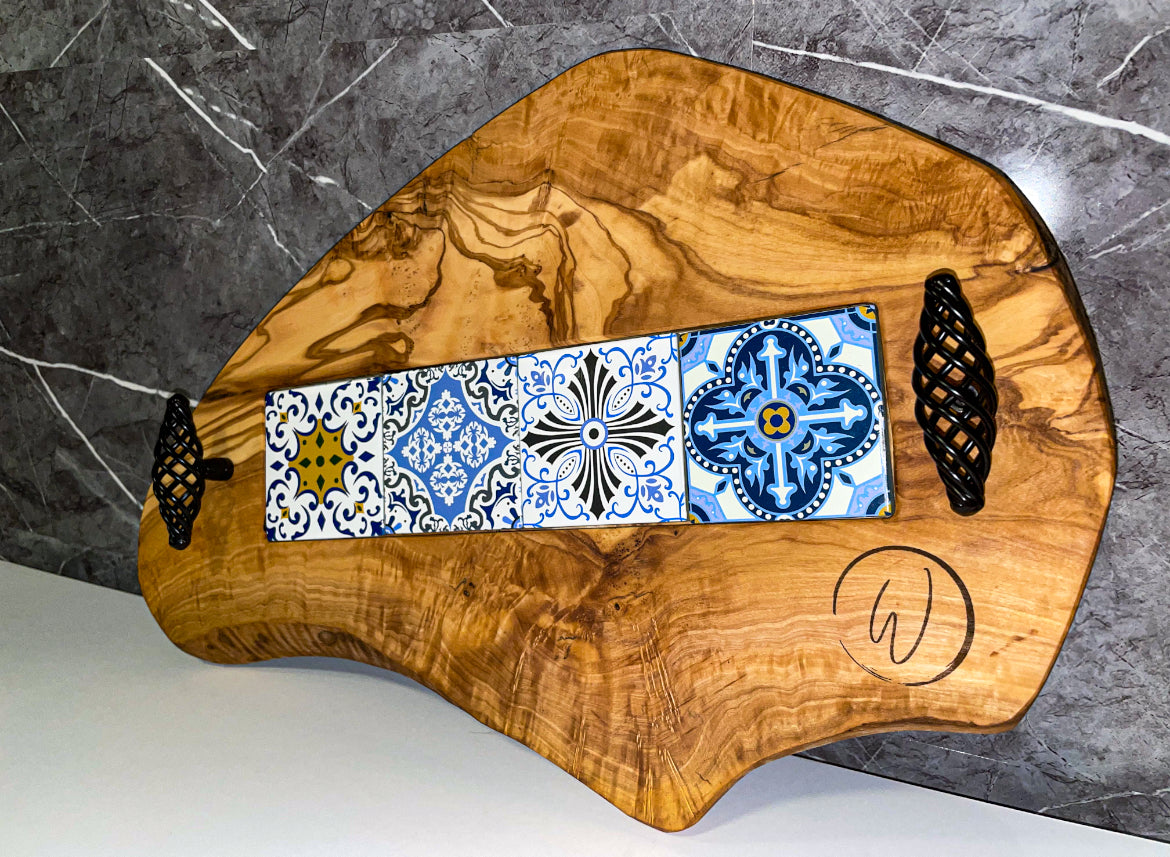 Olive Wood Tray with Black Handles & Glass Tiles (203150)